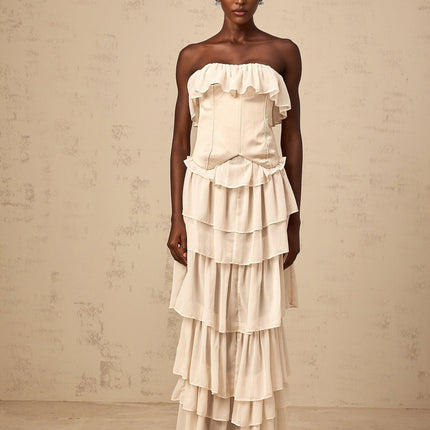 Lodovica Neutrals Corset Dress Set Beige Boned Bodice Lace-Up Tiered Chiffon Ruffled Maxi-Length Special Occasions Terylene Fiber Luxury Style