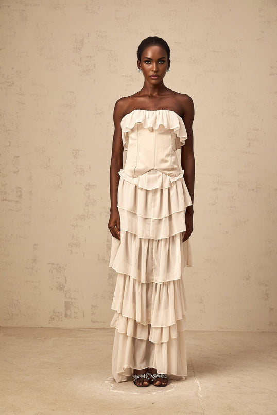 Lodovica Neutrals Corset Dress Set Beige Boned Bodice Lace-Up Tiered Chiffon Ruffled Maxi-Length Special Occasions Terylene Fiber Luxury Style