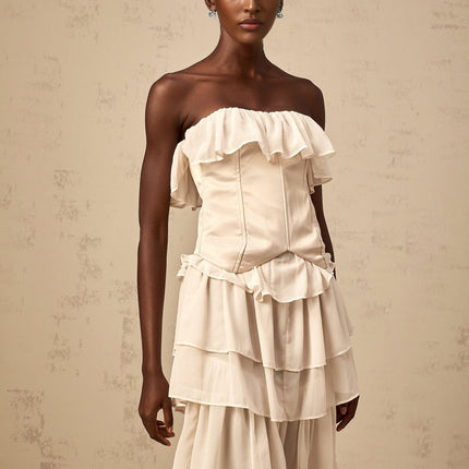 Lodovica Neutrals Corset Dress Set Terylene Fiber Off Shoulder Boned Bodice Lace Up Maxi Length Tiered Chiffon Ruffled Detailing Special Occasions Luxury Style