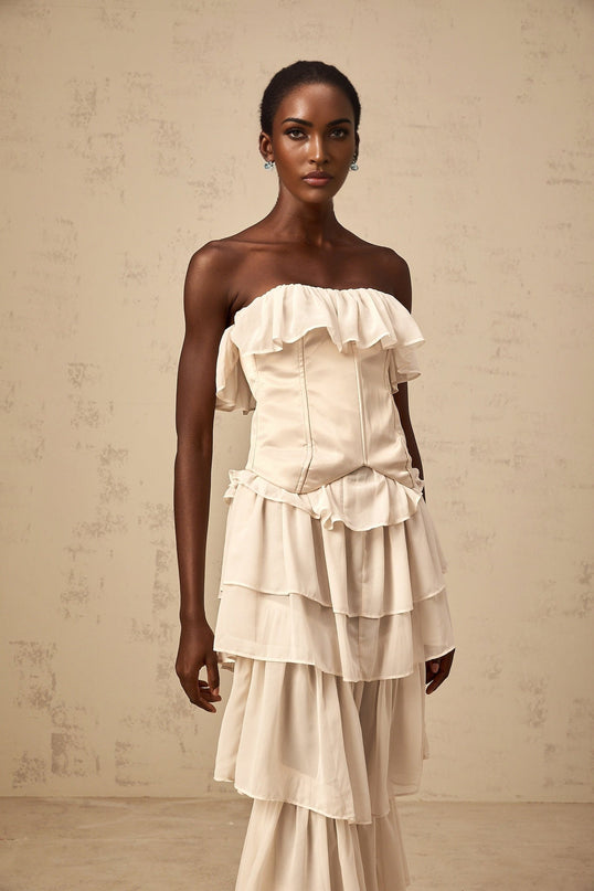 Lodovica Neutrals Corset Dress Set Terylene Fiber Off Shoulder Boned Bodice Lace Up Maxi Length Tiered Chiffon Ruffled Detailing Special Occasions Luxury Style