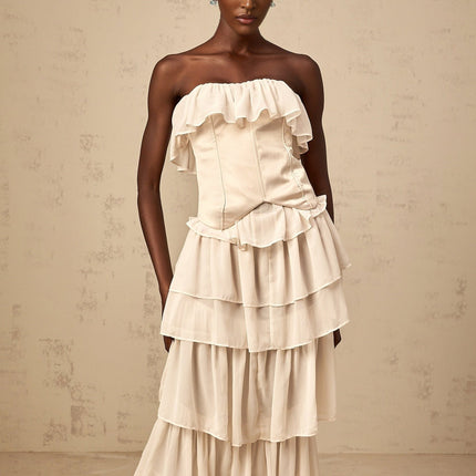 Lodovica Neutrals Corset Dress Set Beige Boned Bodice Off Shoulder Lace Up Tiered Chiffon Ruffles Maxi Length Special Occasions 100 Terylene Fiber Luxury Style