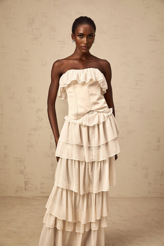 Lodovica Neutrals Corset Dress Set Beige Boned Bodice Off Shoulder Lace Up Tiered Chiffon Ruffles Maxi Length Special Occasions 100 Terylene Fiber Luxury Style