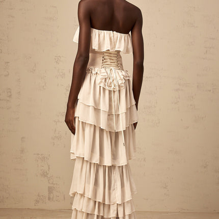 Lodovica Neutrals Corset Dress Set Beige Tiered Chiffon Ruffled Maxi Length Terylene Fiber Luxury Style