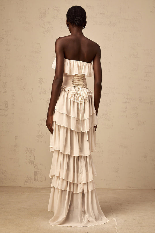 Lodovica Neutrals Corset Dress Set Beige Tiered Chiffon Ruffled Maxi Length Terylene Fiber Luxury Style