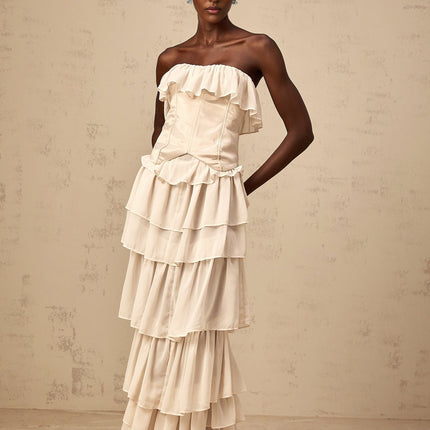 Lodovica Neutrals Corset Dress Set Terylene Fiber Beige Off Shoulder Boned Bodice Lace Up Fastening Tiered Chiffon Maxi Length Delicate Ruffled Detailing Fully Lined Special Occasions Luxury Style