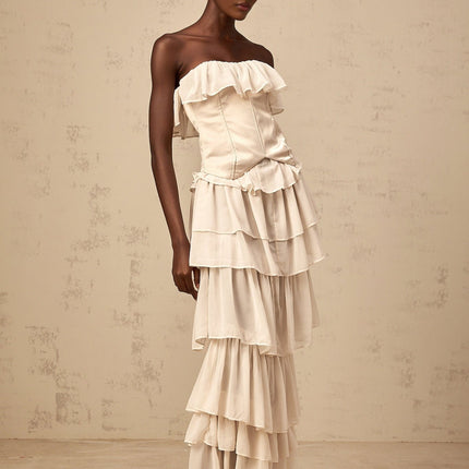 Lodovica Neutrals Corset Dress Set Terylene Fiber Boned Bodice Lace-Up Fastening Tiered Chiffon Ruffled Detailing Maxi-Length Special Occasions Luxury Style
