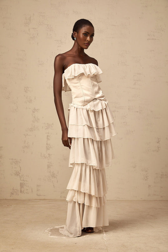 Lodovica Neutrals Corset Dress Set Terylene Fiber Boned Bodice Lace-Up Fastening Tiered Chiffon Ruffled Detailing Maxi-Length Special Occasions Luxury Style