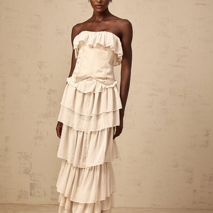 Lodovica Neutrals Corset Dress Set Terylene Fiber Boned Bodice Lace-Up Fastening Tiered Chiffon Ruffled Detailing Maxi-Length Fully Lined Special Occasions Luxury Style