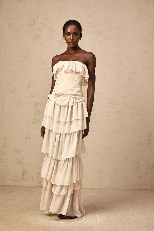 Lodovica Neutrals Corset Dress Set Terylene Fiber Boned Bodice Lace-Up Fastening Tiered Chiffon Ruffled Detailing Maxi-Length Fully Lined Special Occasions Luxury Style