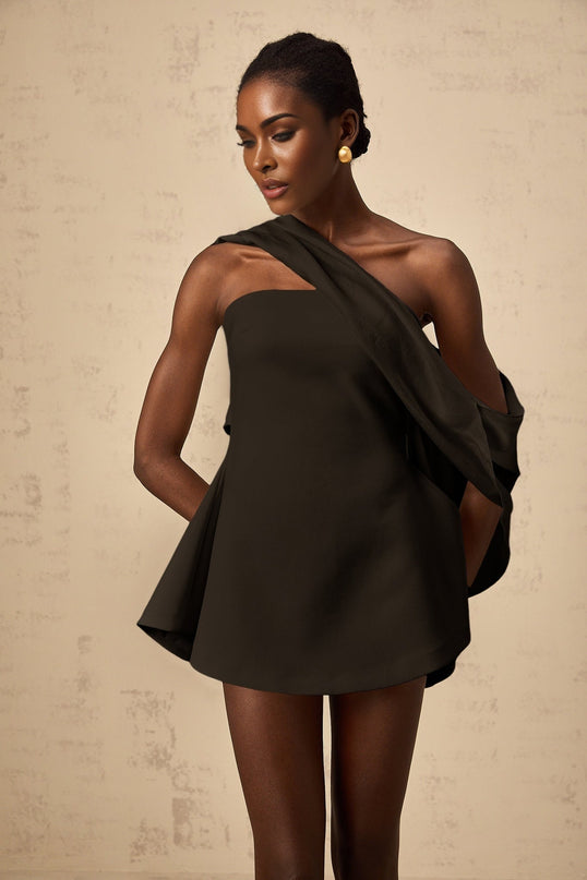 Lola Black Mini Dress Ribbon Flare Terylene Fiber