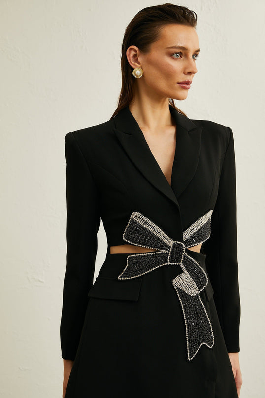 Lola Black Wool Blazer Crystal Bow Cut Out