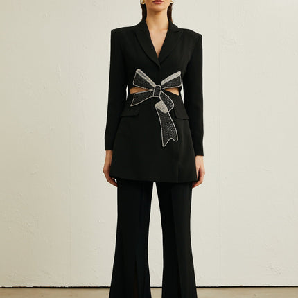 Lola Black Wool Blazer Crystal Bow Cut Out
