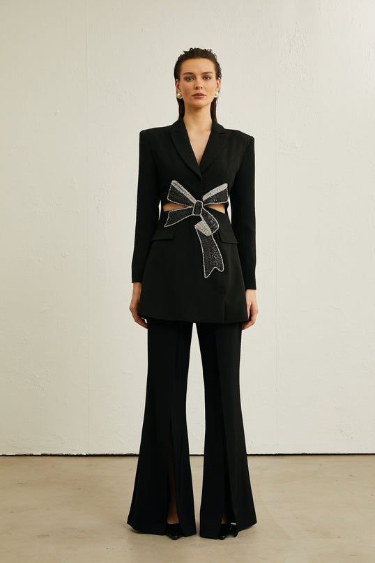 Lola Black Wool Blazer Crystal Bow Cut Out