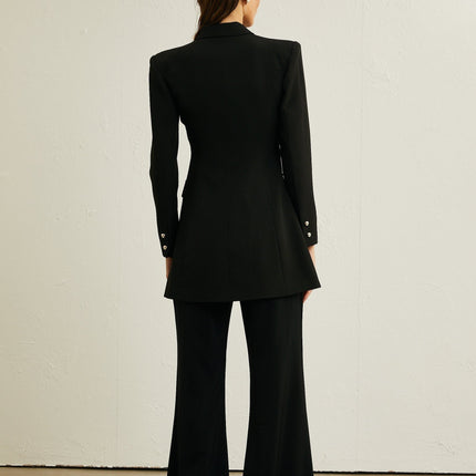 Lola Black Wool Blazer Crystal Bow Cut Out Shoulder Pads Buttoned Cuffs Bowknot Motif Glamour Style Grace