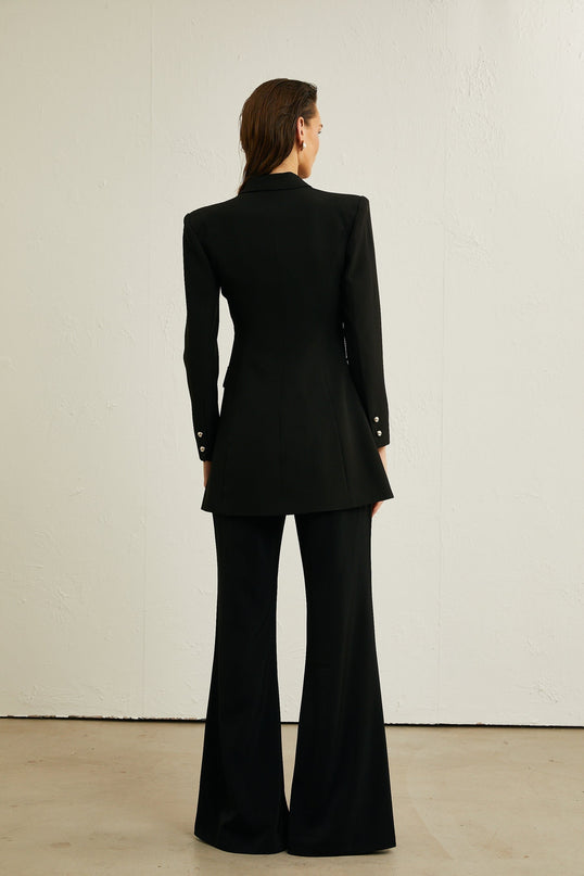 Lola Black Wool Blazer Crystal Bow Cut Out Shoulder Pads Buttoned Cuffs Bowknot Motif Glamour Style Grace