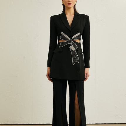Lola Black Wool Blazer with Crystal Bow Cut Out