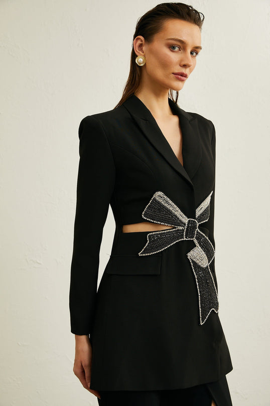 Lola Black Wool Blazer with Crystal Bow Cut Out