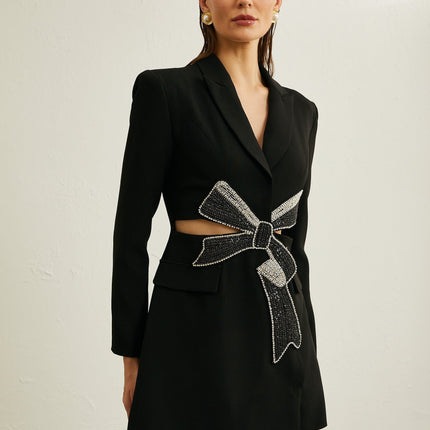 Lola Black Wool Blazer with Crystal Bow Cut Out