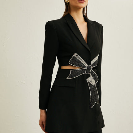 Lola Black Wool Blazer with Crystal Bow Cut Out