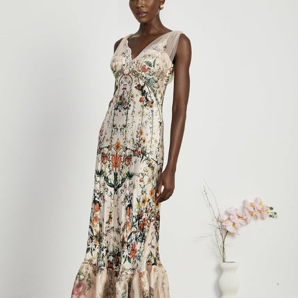Lola Floral Maxi Dress in Neutrals with Crystal Embellishment 100% Silk V Neck Mesh Panelling Lace Trim Flared Skirt Rear Zip Fastening Special Occasions Statement Piece
