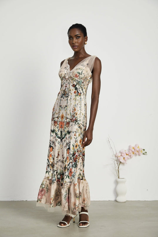 Lola Floral Maxi Dress in Neutrals with Crystal Embellishment 100% Silk V Neck Mesh Panelling Lace Trim Flared Skirt Rear Zip Fastening Special Occasions Statement Piece
