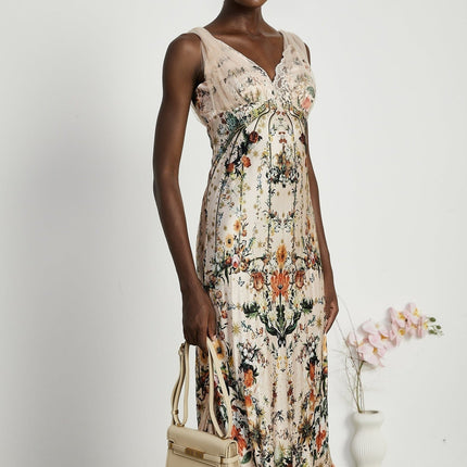 Lola Floral Maxi Dress in Neutrals 100% Silk Crystal Embellished V-Neck Lace Trim Mesh Panelling Flared Skirt Rear Zip Fastening Special Occasions