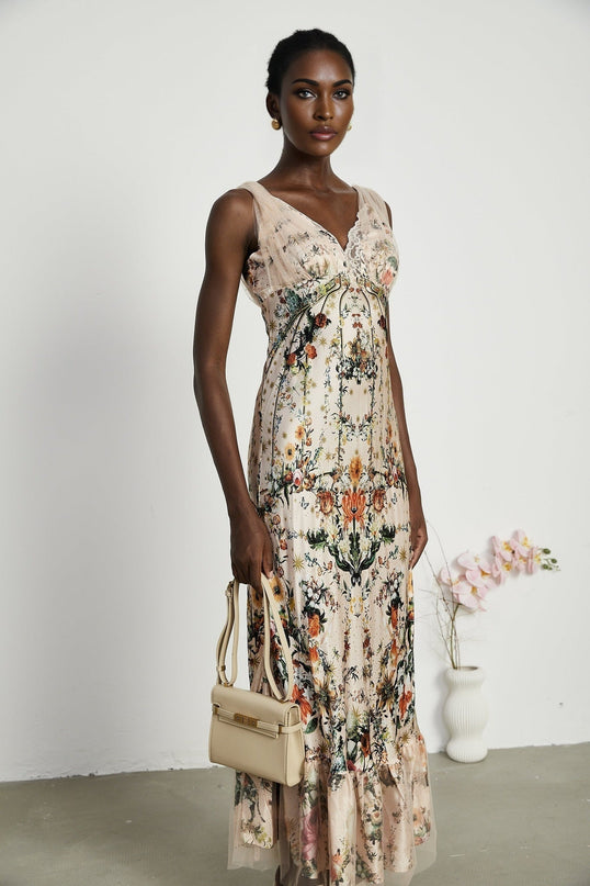 Lola Floral Maxi Dress in Neutrals 100% Silk Crystal Embellished V-Neck Lace Trim Mesh Panelling Flared Skirt Rear Zip Fastening Special Occasions