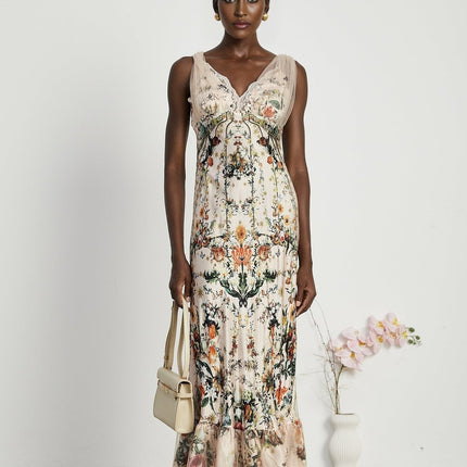 Lola Floral Maxi Dress in Neutrals Silk with Crystal Embellishment and Lace Trim