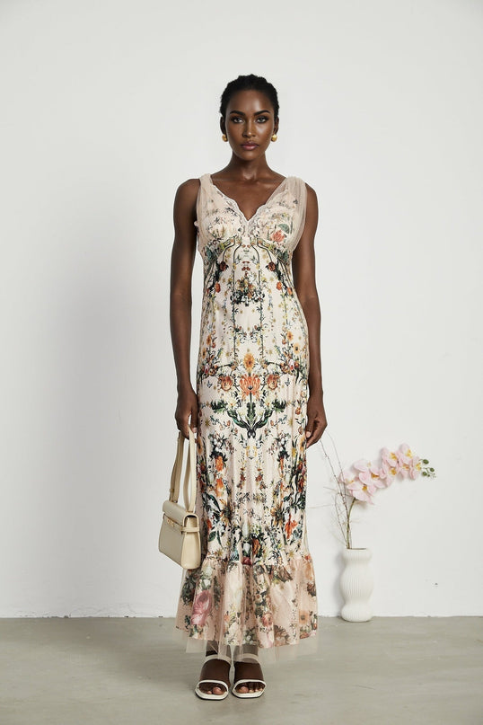Lola Floral Maxi Dress in Neutrals Silk with Crystal Embellishment and Lace Trim