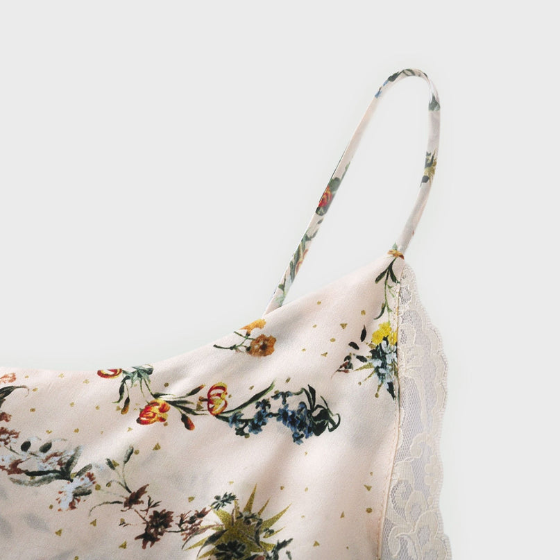 Lola Floral Maxi Dress in Neutrals Silk with Crystal Embellishment Lace Trim and Mesh Panelling for Special Occasions