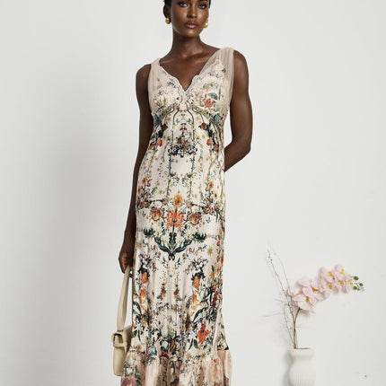 Lola Floral Maxi Dress in Neutrals Silk with Crystal Embellishment and Lace Trim