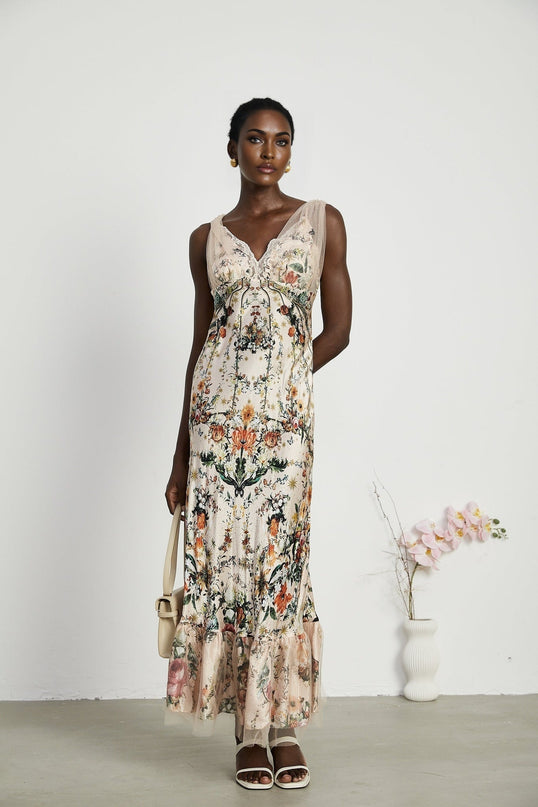 Lola Floral Maxi Dress in Neutrals Silk with Crystal Embellishment and Lace Trim