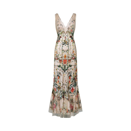 Lola Floral Maxi Dress in Neutrals Silk with Crystal Embellishment V Neck Lace Trim and Floral Print