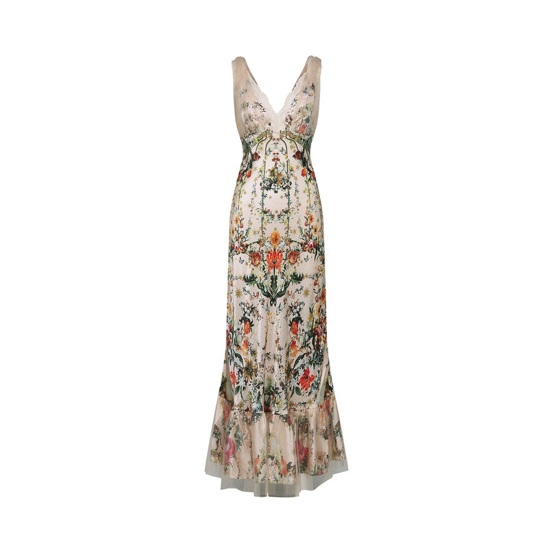 Lola Floral Maxi Dress in Neutrals Silk with Crystal Embellishment V Neck Lace Trim and Floral Print