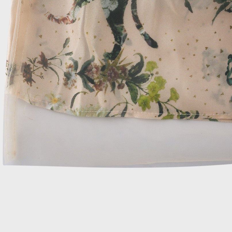 Lola Floral Maxi Dress in Neutrals Silk with Crystal Embellishment V Neck Lace Trim and Mesh Panelling