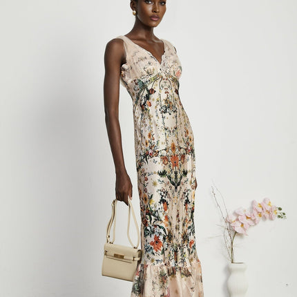 Lola Floral Maxi Dress in Neutrals Silk Crystal Embellishment V Neck Lace Trim Mesh Panelling Flared Skirt Special Occasions
