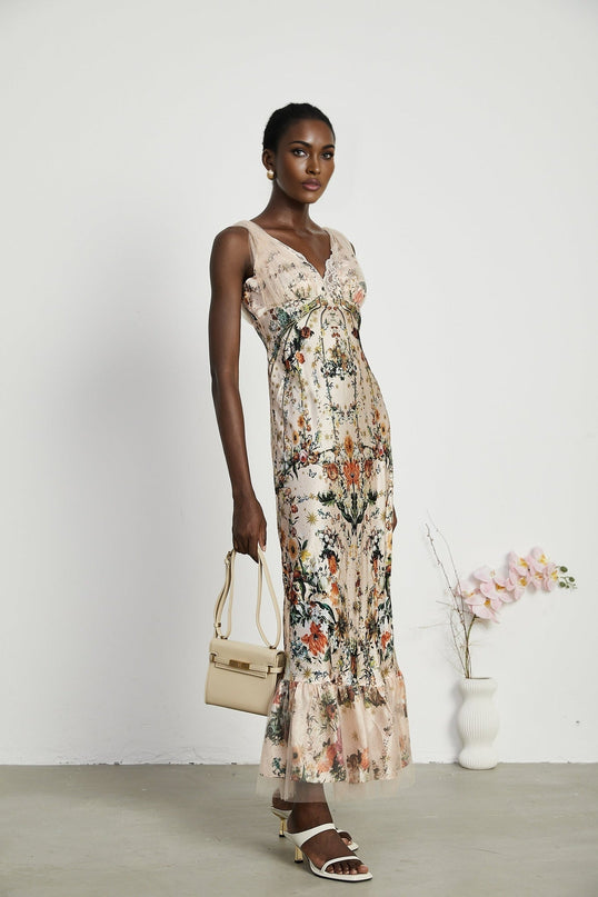 Lola Floral Maxi Dress in Neutrals Silk Crystal Embellishment V Neck Lace Trim Mesh Panelling Flared Skirt Special Occasions