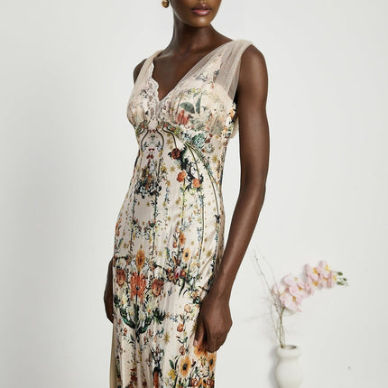 Lola Floral Maxi Dress in Neutrals Silk with Crystal Embellishment V Neck Lace Trim and Floral Print for Special Occasions
