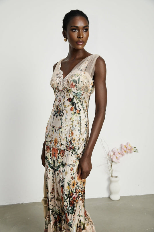 Lola Floral Maxi Dress in Neutrals Silk with Crystal Embellishment V Neck Lace Trim and Floral Print for Special Occasions