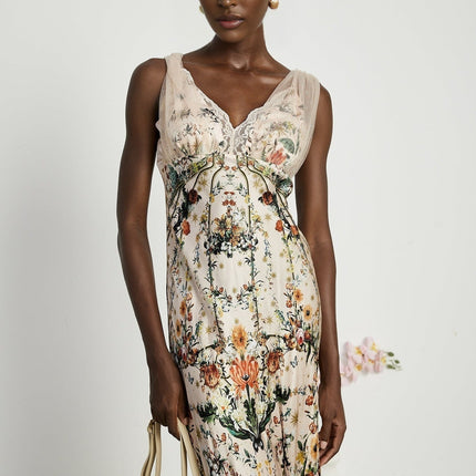 Lola Floral Maxi Dress in Neutrals Silk with Crystal Embellishment V Neck and Lace Trim