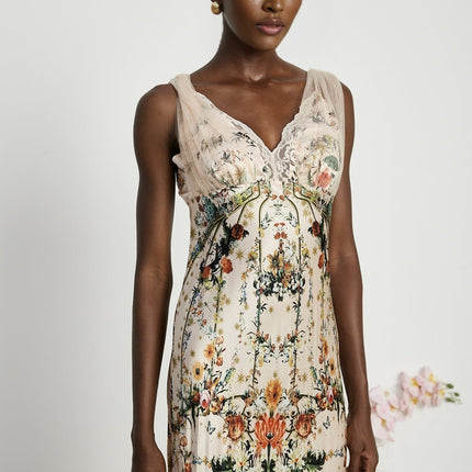 Lola Floral Maxi Dress in Neutrals Silk with Crystal Embellishment V Neck Lace Trim and Floral Print