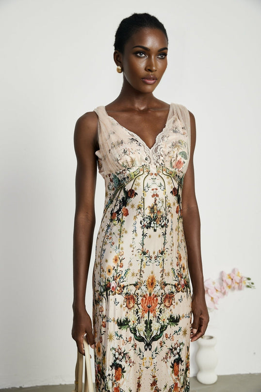 Lola Floral Maxi Dress in Neutrals Silk with Crystal Embellishment V Neck Lace Trim and Floral Print