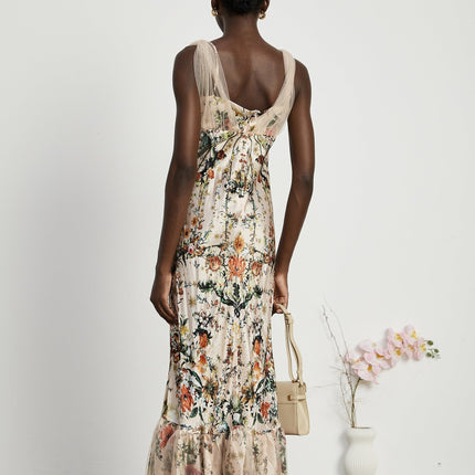 Lola Floral Maxi Dress in Neutrals Silk with Crystal Embellishment Lace Trim and Mesh Panelling