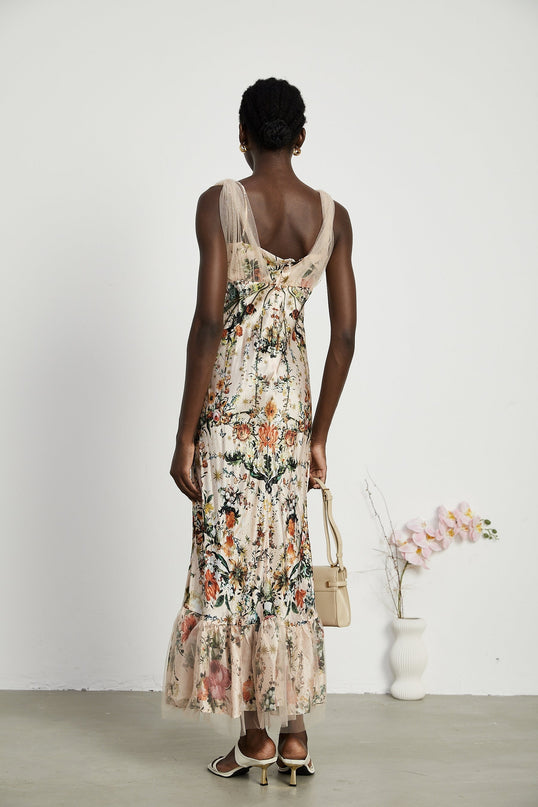 Lola Floral Maxi Dress in Neutrals Silk with Crystal Embellishment Lace Trim and Mesh Panelling