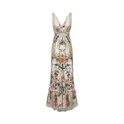 Lola Floral Maxi Dress Neutrals Silk Crystal Embellishment Lace Trim V Neck Mesh Panelling Flared Skirt Rear Zip Fastening Special Occasions