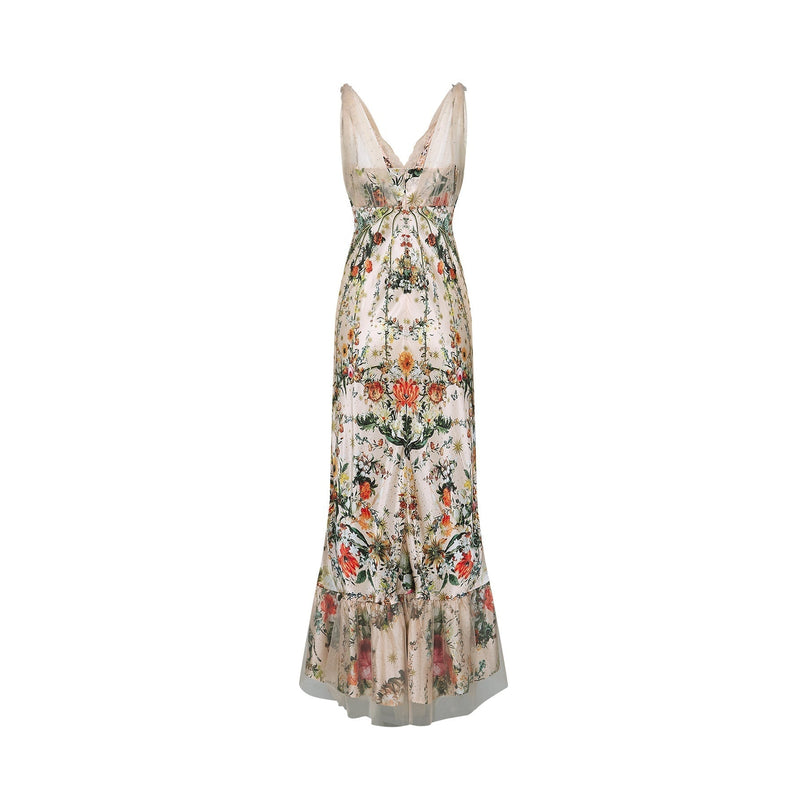 Lola Floral Maxi Dress Neutrals Silk Crystal Embellishment Lace Trim V Neck Mesh Panelling Flared Skirt Rear Zip Fastening Special Occasions