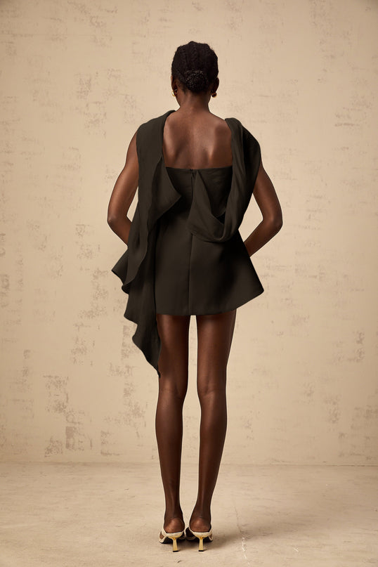 Lola Mini Dress with Ribbon Flare in Black off-the-shoulder sleeveless cinched waist couture charm flared skirt rear zip fastening Terylene fiber thigh-length timeless style feminine allure