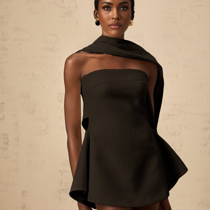 Lola Mini Dress with Ribbon Flare in Black off-the-shoulder sleeveless cinched waist couture charm flared skirt rear zip fastening Terylene fiber thigh-length luxurious special occasion timeless style feminine allure