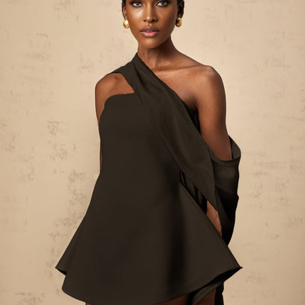 Lola Mini Dress with Ribbon Flare in Black off-the-shoulder sleeveless cinched waist couture charm flared skirt rear zip fastening Terylene fiber thigh-length luxurious special occasion timeless style feminine allure