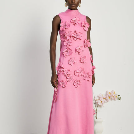 Lola Pink Maxi Dress with Faux-Flower Embellishment and Bow-Tie Neckline